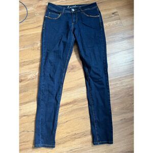 Escalour Womens 7 Jeans Gold Jewel Beaded Darkwash Skinny Jeans